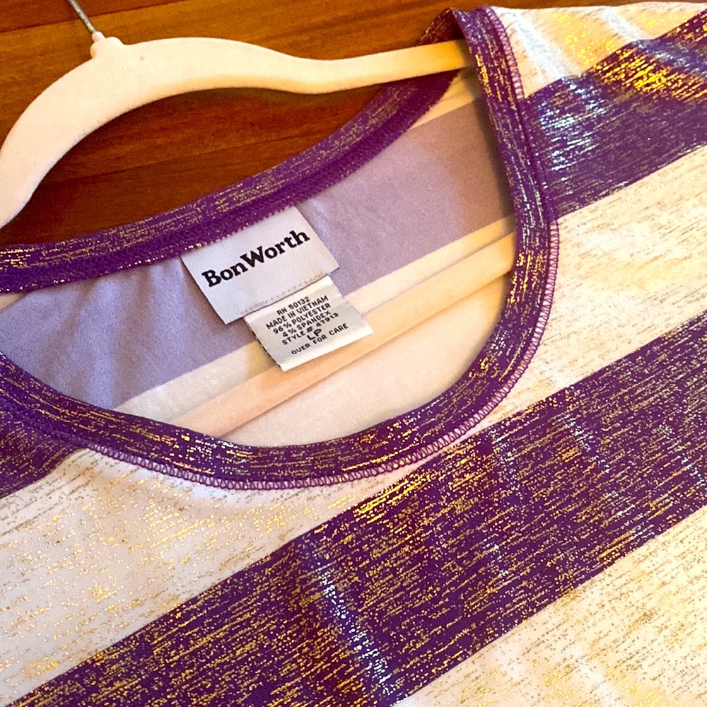 Bon Worth NWT Womens Purple, Cream & Gold Striped Short Sleeve Top - Size LP